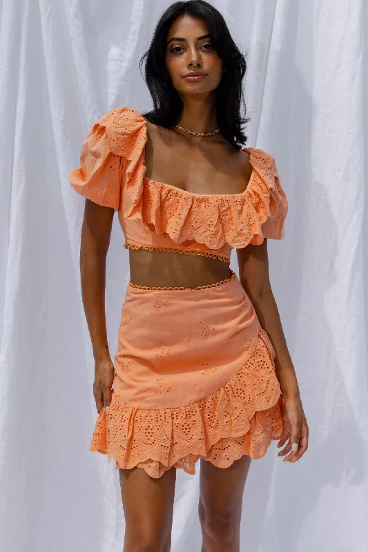 Sale Alert New Moon Ruffle Trim Puff Sleeve Eyelet Crop Top Orange