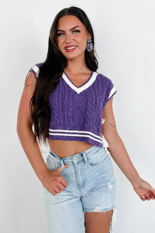 Super Discount Better Take Notes Side Tie Sweater Vest (Purple/White)
