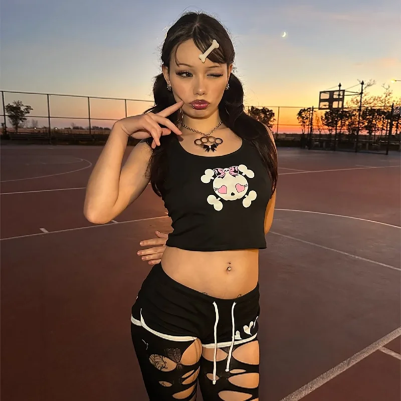 Deal Dash Heart Eyed Girly Skull Crop Tank