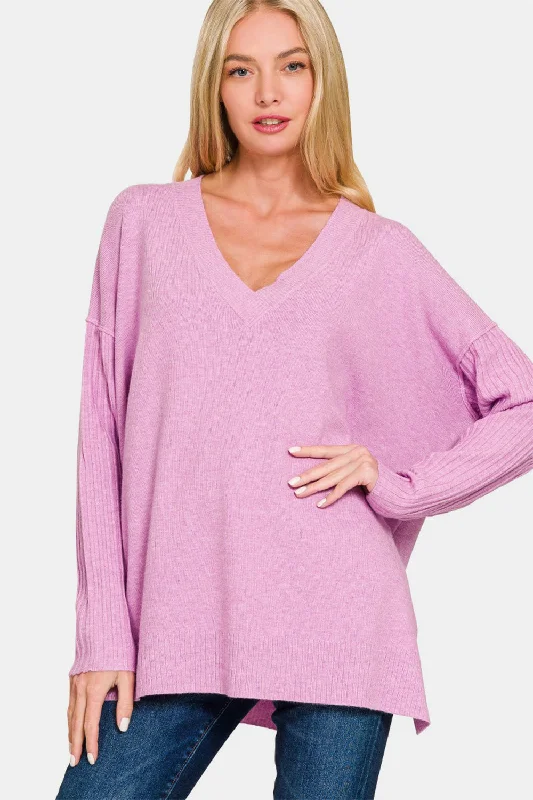 Big Discounts Zenana V-Neck Side Slit High-Low Sweater
