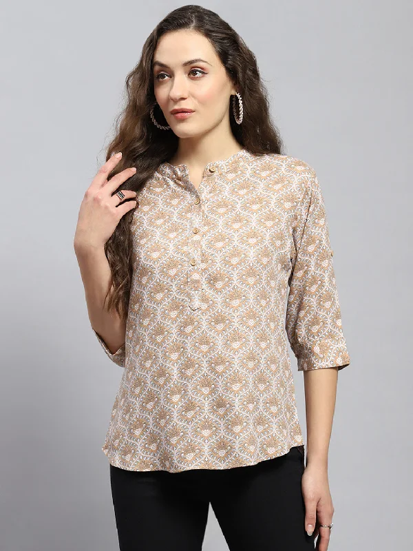 Weekend Deal Women Beige Printed Band Collar 3/4 Sleeve Top