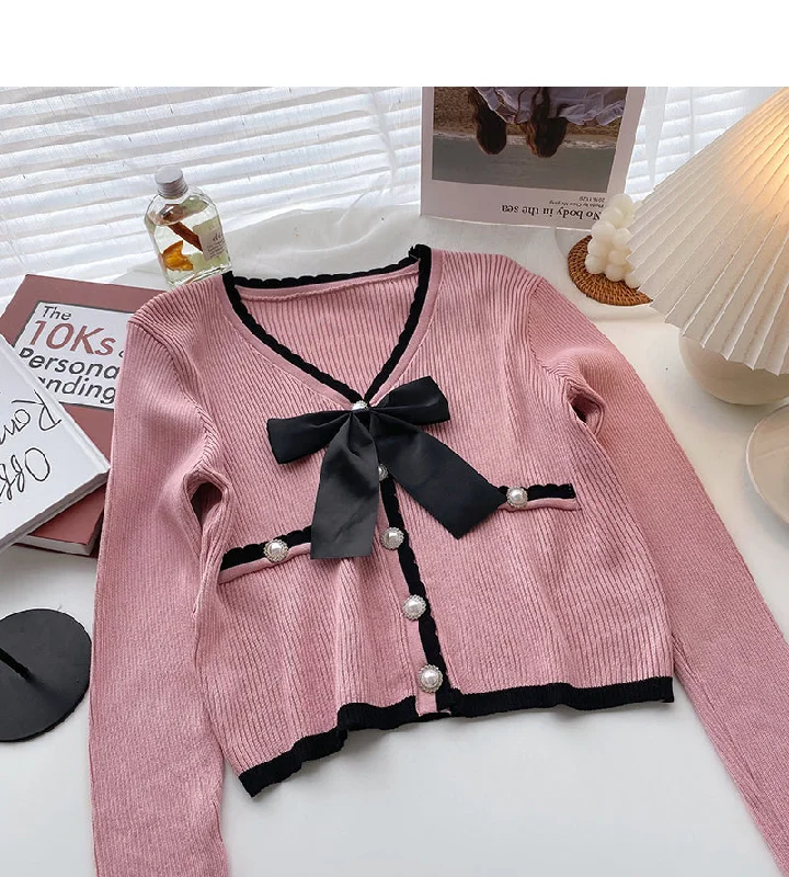Hurry In Xiaoxiangfeng V-neck color matching bow knit  6632