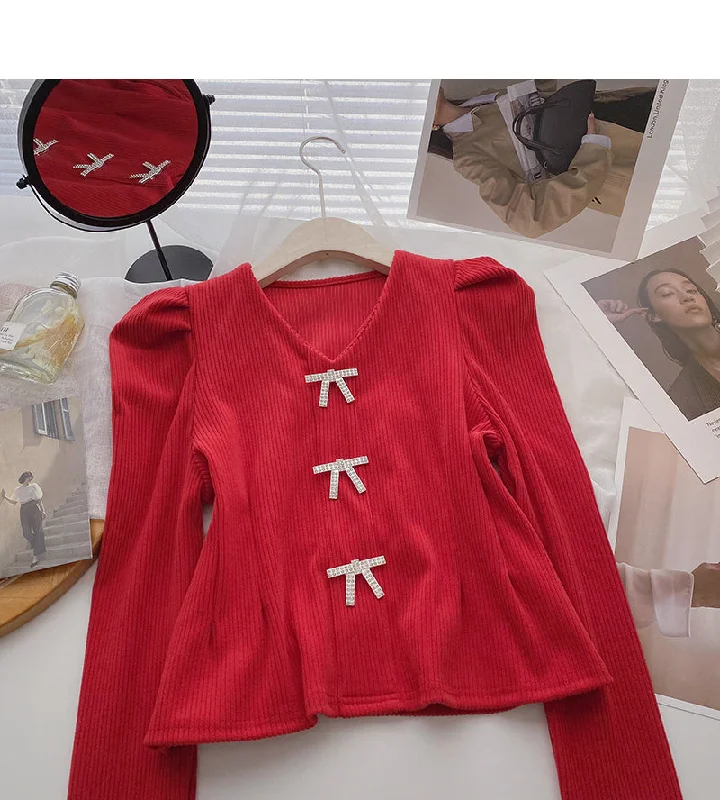 Doorbuster Deal Bow Vintage V-Neck Sweater slim slim long sleeve top  6622